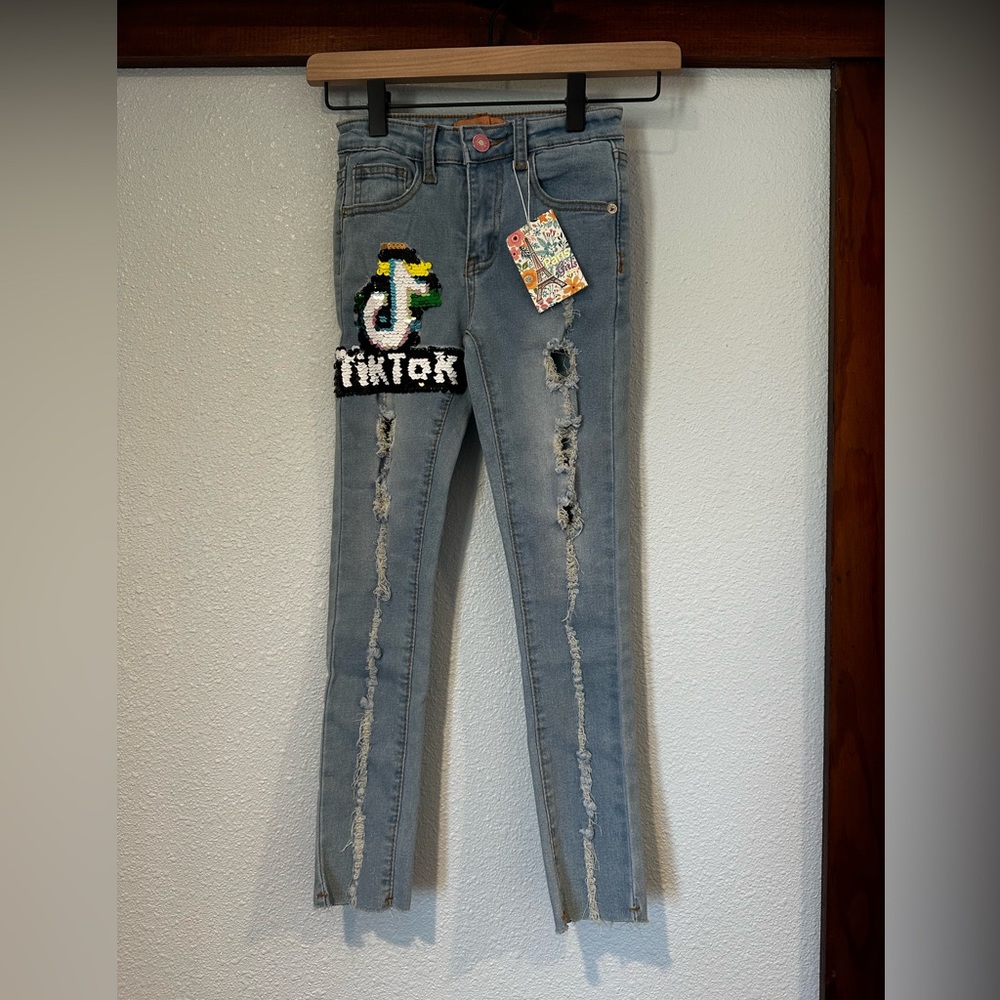 Girls Size 6 Light Blue Distressed Jeans with TikTok Sequin Patch